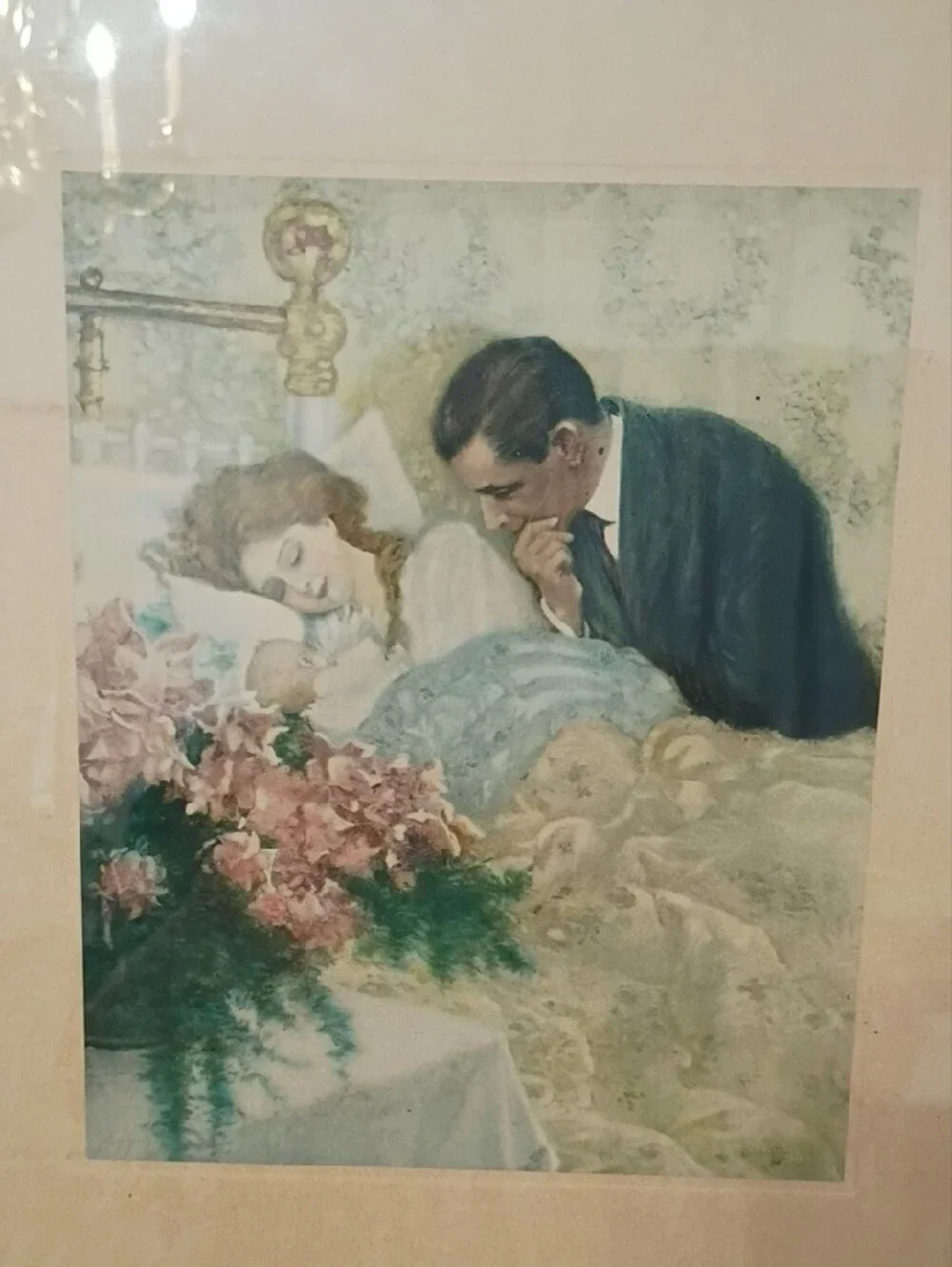 Vintage Brown-Framed Pastel Mother and Child Art Print